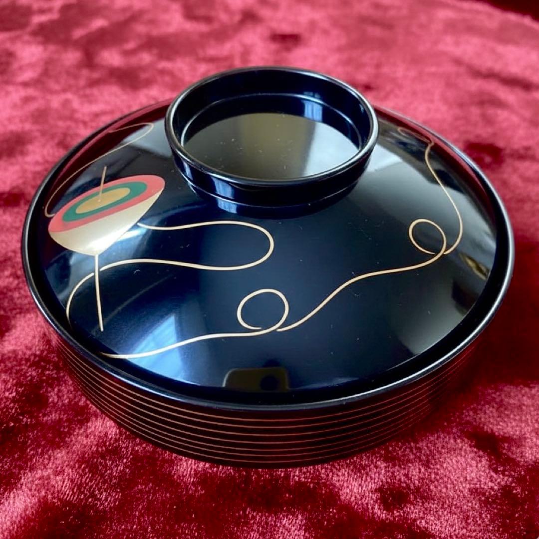 【時代物】金沢漆器 能作謹製 独楽蒔絵 千筋吸物椀×5客セット縁起物 民藝
