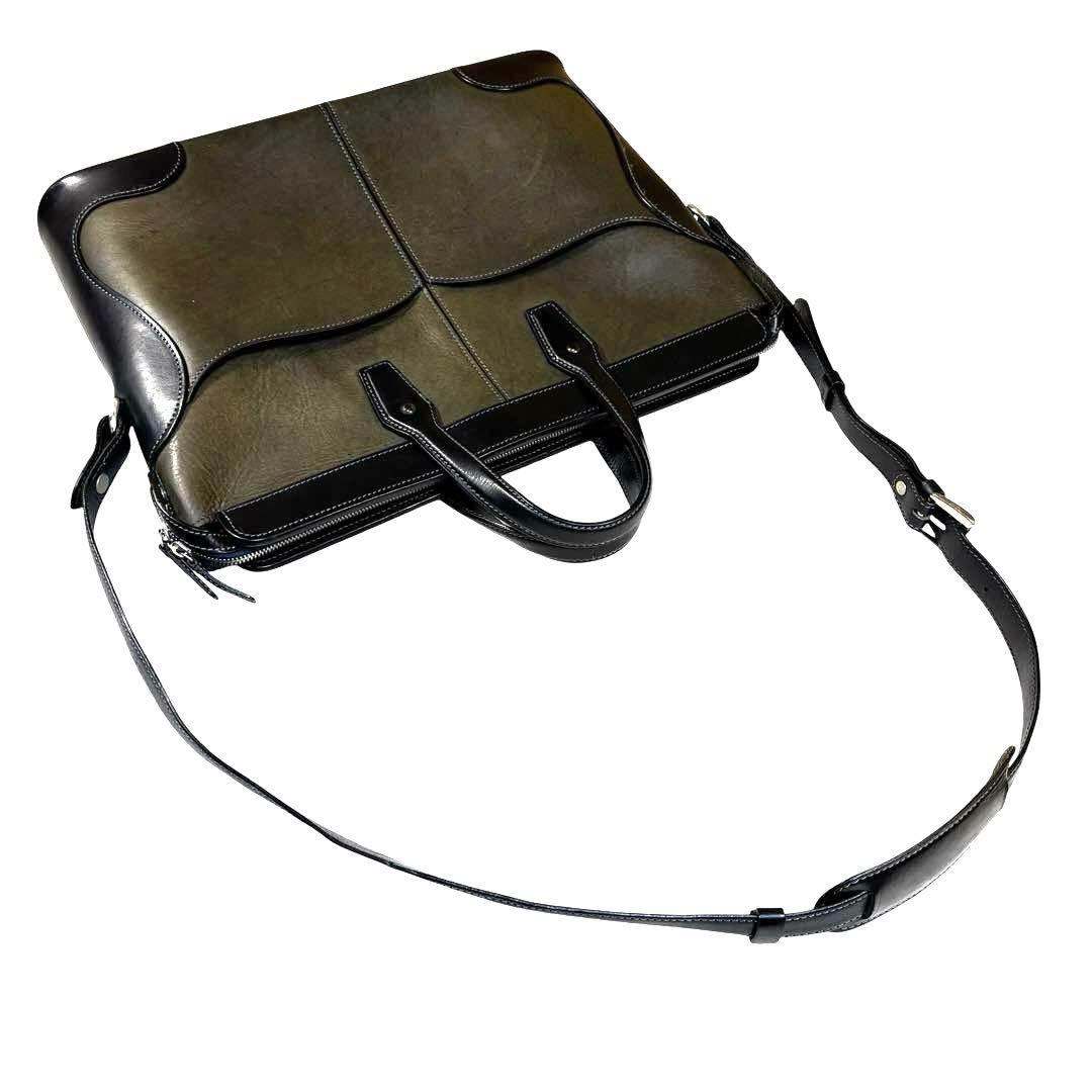 万双　2way ブライドルレザーブリーフケース　ビジネスバッグ　自立　カーキ　黒