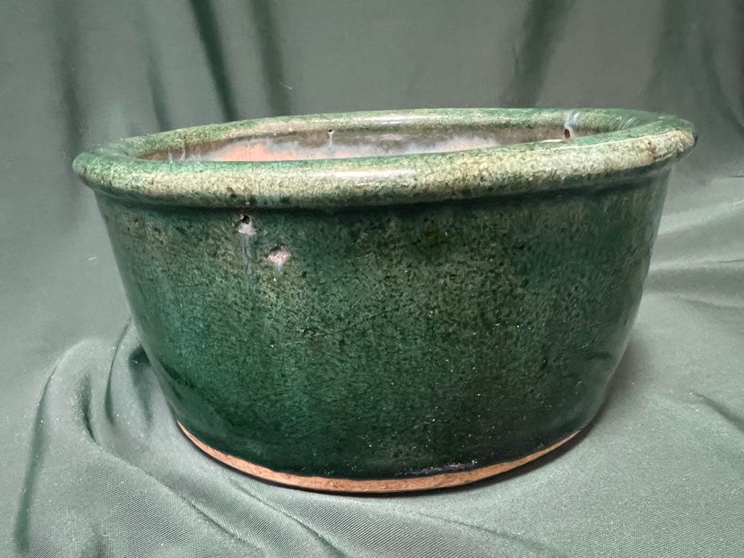 中国清朝緑釉 陶器古美術骨董品 時代物 高さ9cmx口径19.5cm整理品現状品