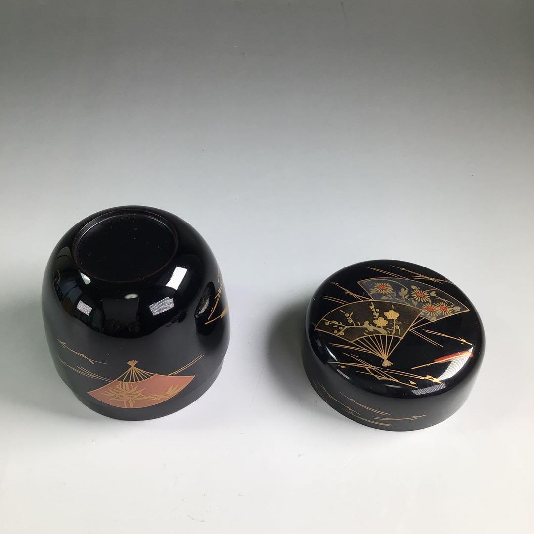 Ｐ８０６　棗　『荒井喜峰作』『黒漆塗』『扇面蒔絵』『利休棗』　共箱　茶道具