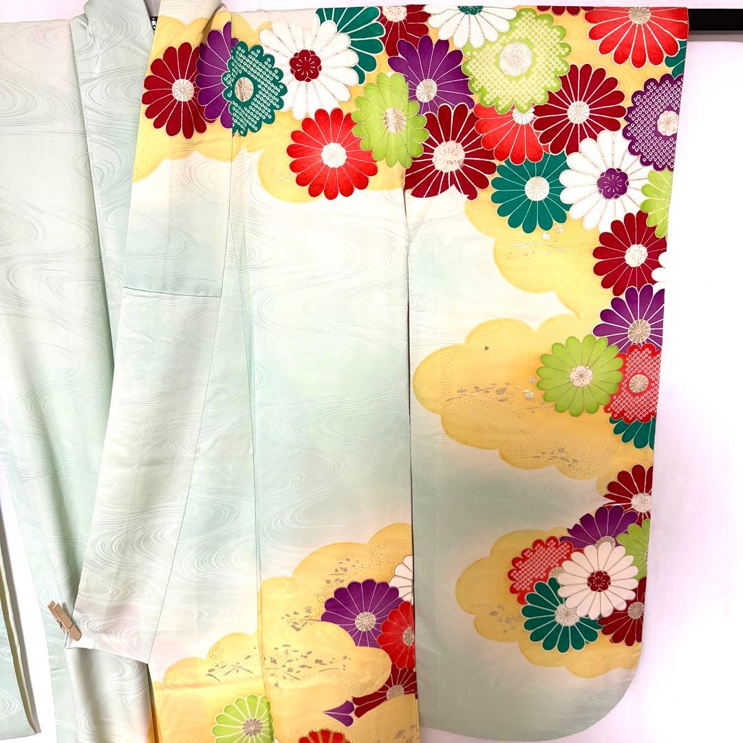 5k2946 振袖　正絹　袷　青　赤　金色　白　紫　緑　花柄　和装　着物
