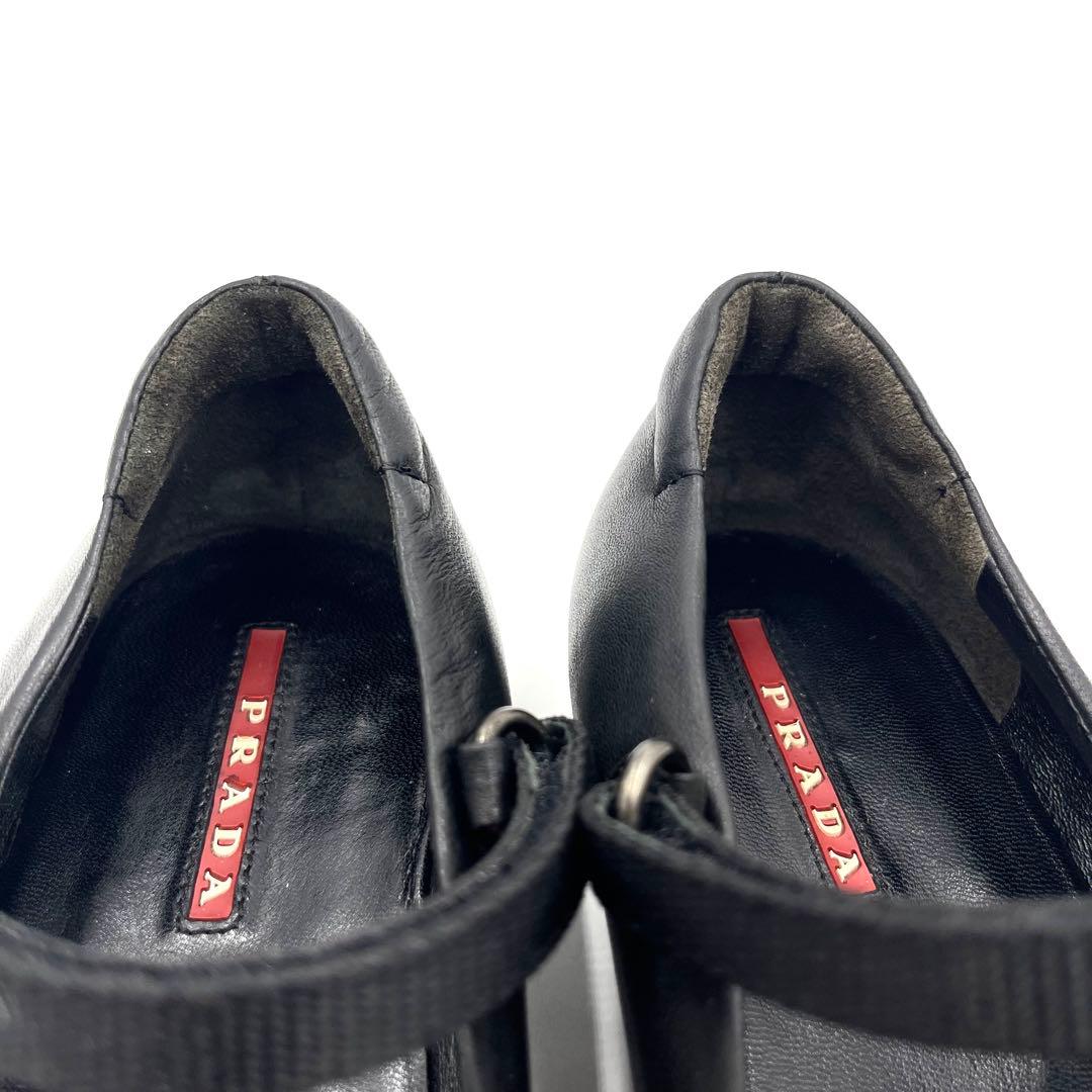 7LS10_美品 プラダ メリージェーン フラットシューズ 黒 ナッパレザー37