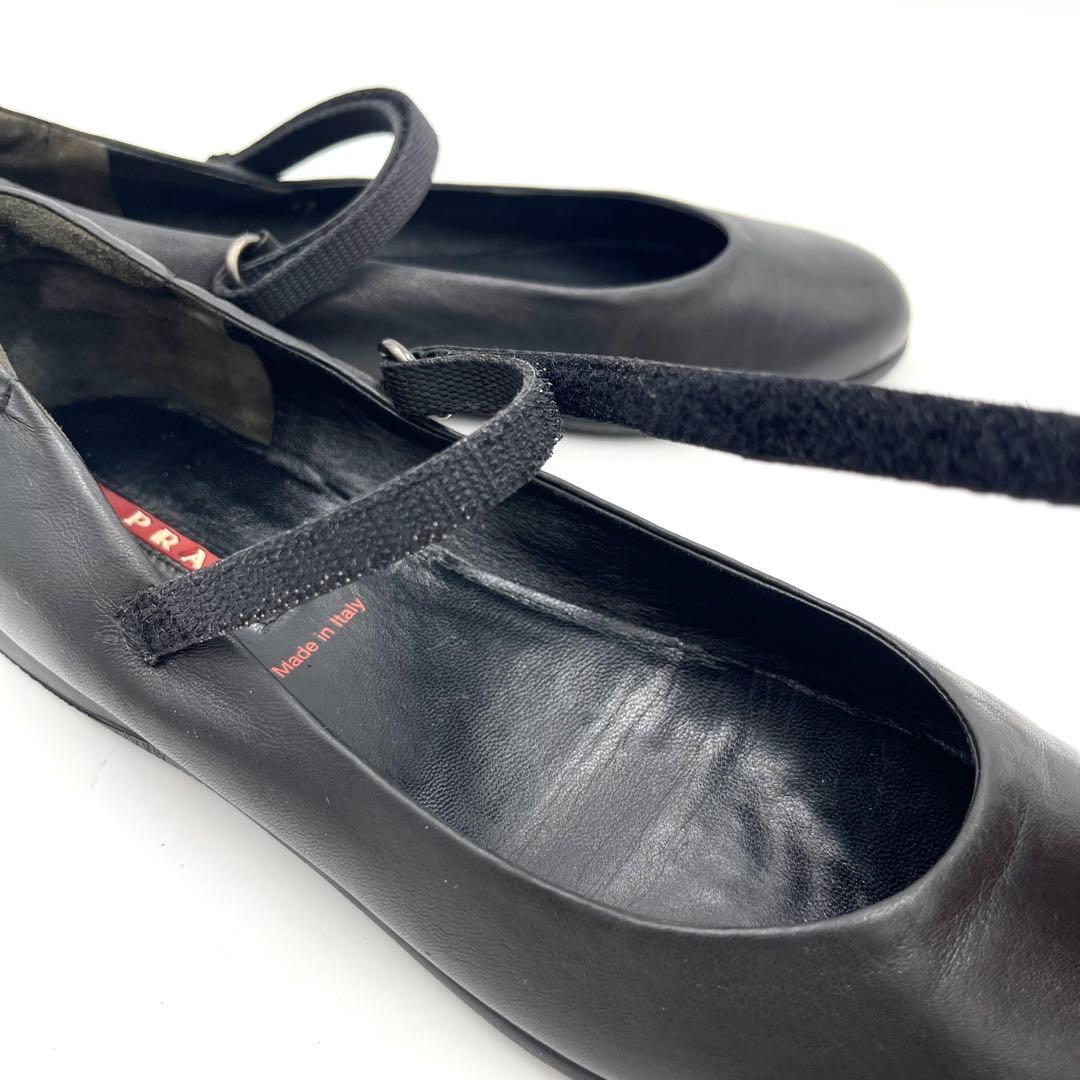 7LS10_美品 プラダ メリージェーン フラットシューズ 黒 ナッパレザー37