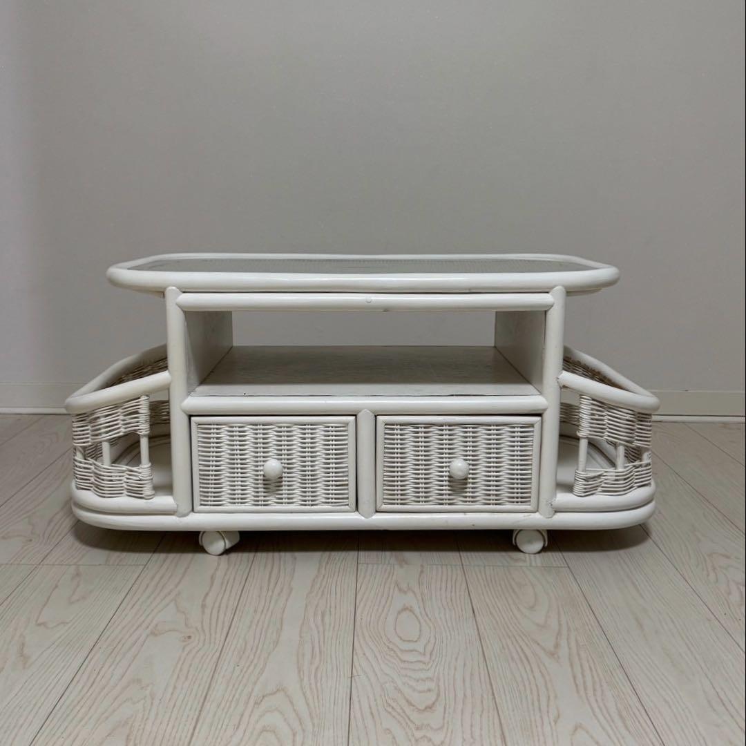 ホワイトラタンアンティークガラスローセンターテーブル