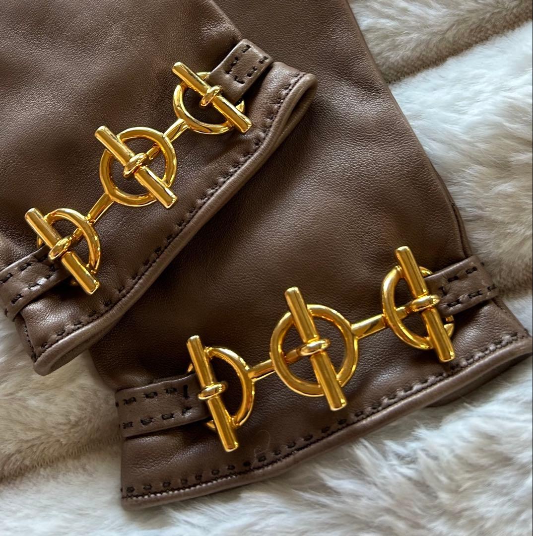 美品★エルメス シェーヌダンクルレザーグローブ グレナン 手袋 8 エトゥープ