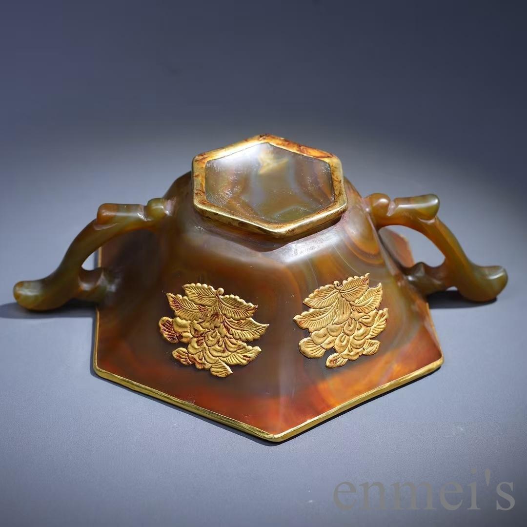 中国古美術 天然瑪瑙嵌 銅製菓子碗 供物器 描金 茶道具 古置物 古賞物 古擺件