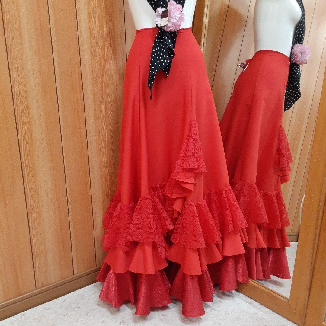 フラメンコ衣装　☆ファルダのみ☆豪華レース3段フリルレッドファルダ