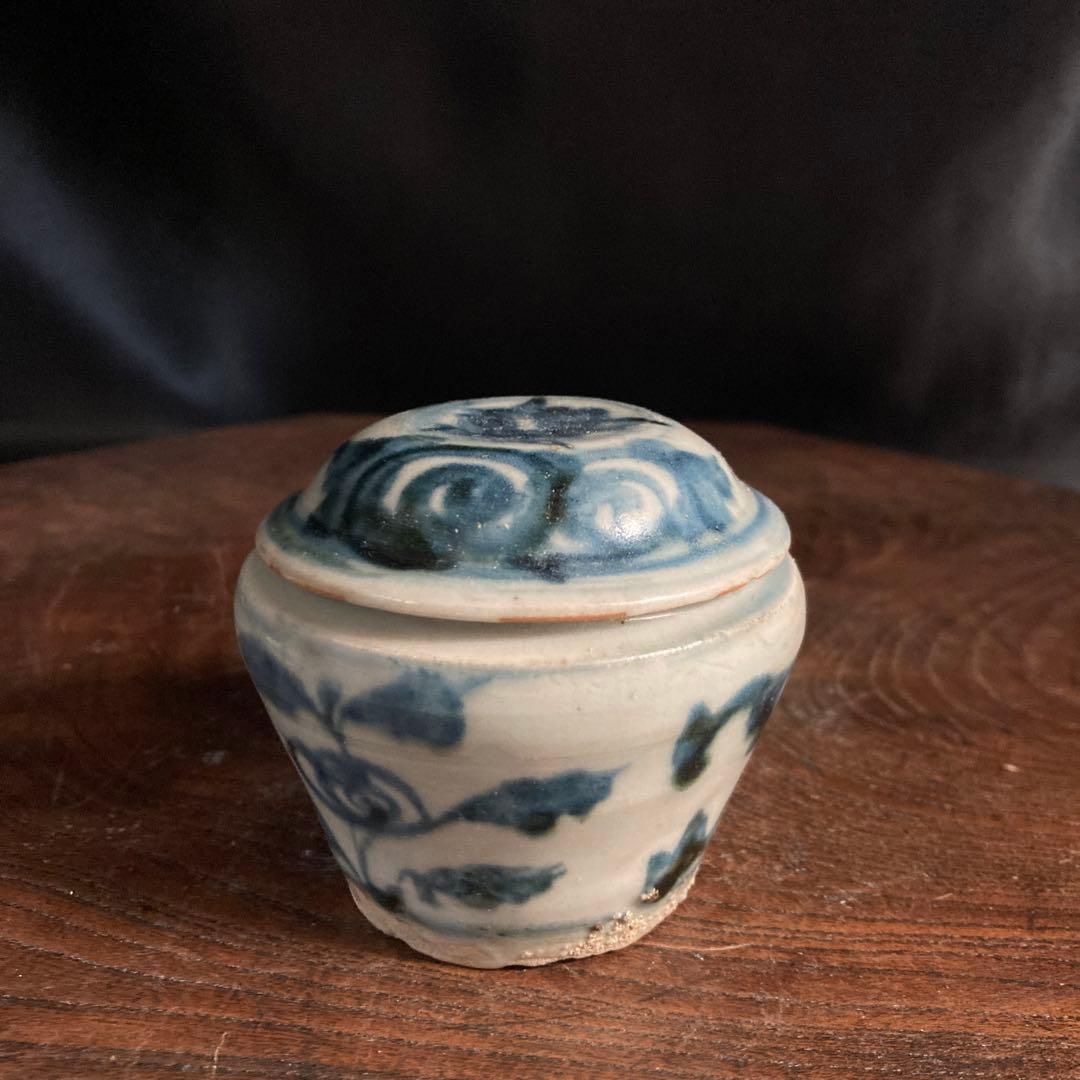 赤札閉店セール❗️【ギャラリー三益】古美術　元〜明初染付　芙蓉紋共蓋小壺