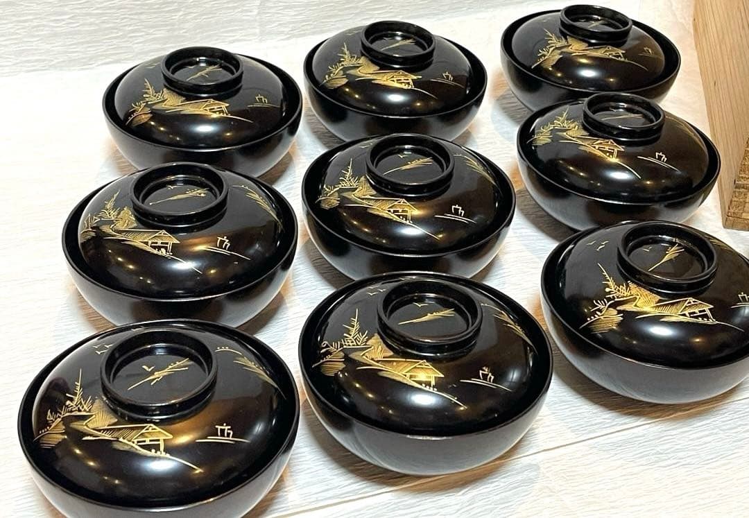 木製漆器 吸物椀 10客 金蒔絵 骨董 時代物 アンティーク175