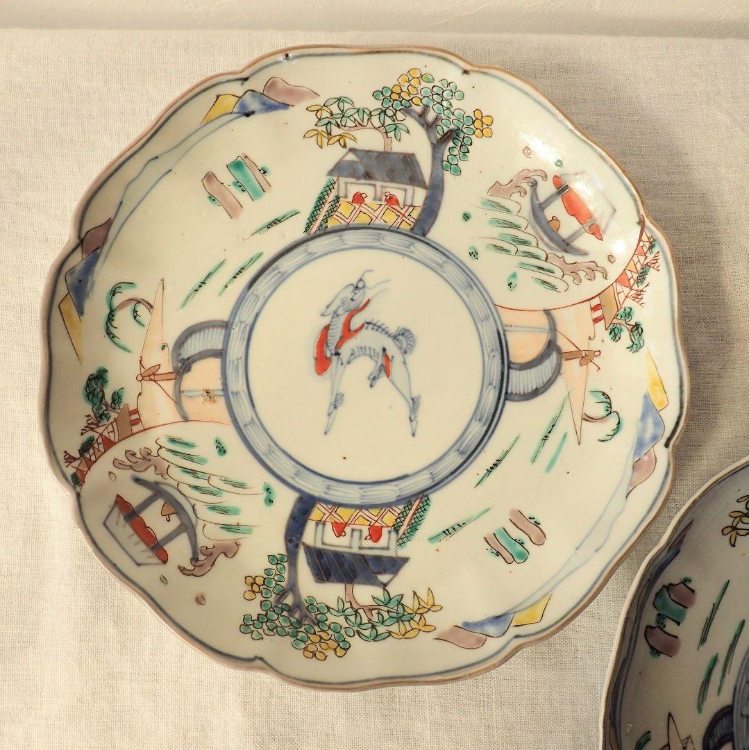 明治　骨董　輪花　リンカ　麒麟　キリン　絵 皿　2枚