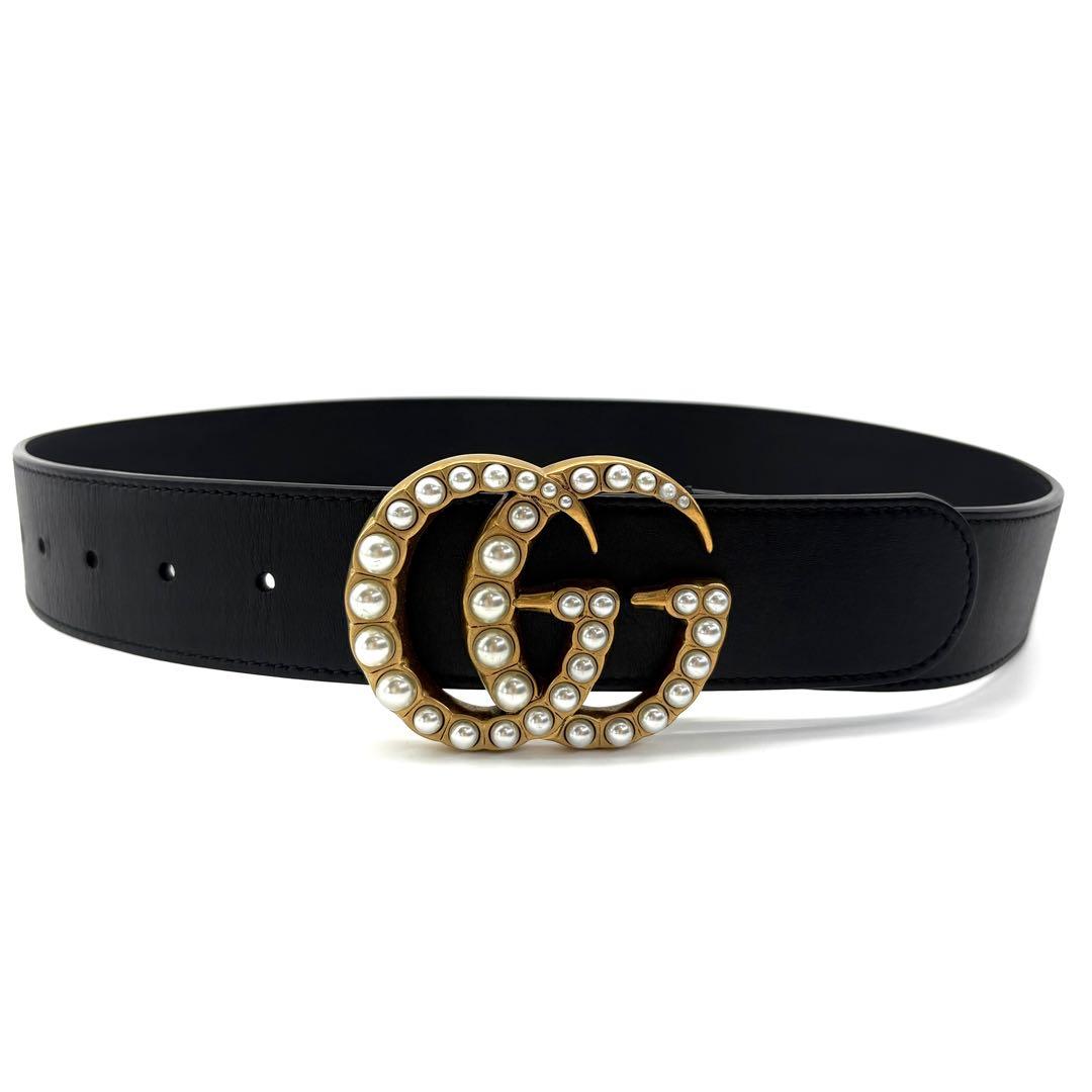 【極美品】GUCCI ベルト　GGマーモント　ビーズ　ダブルG　パール　装飾