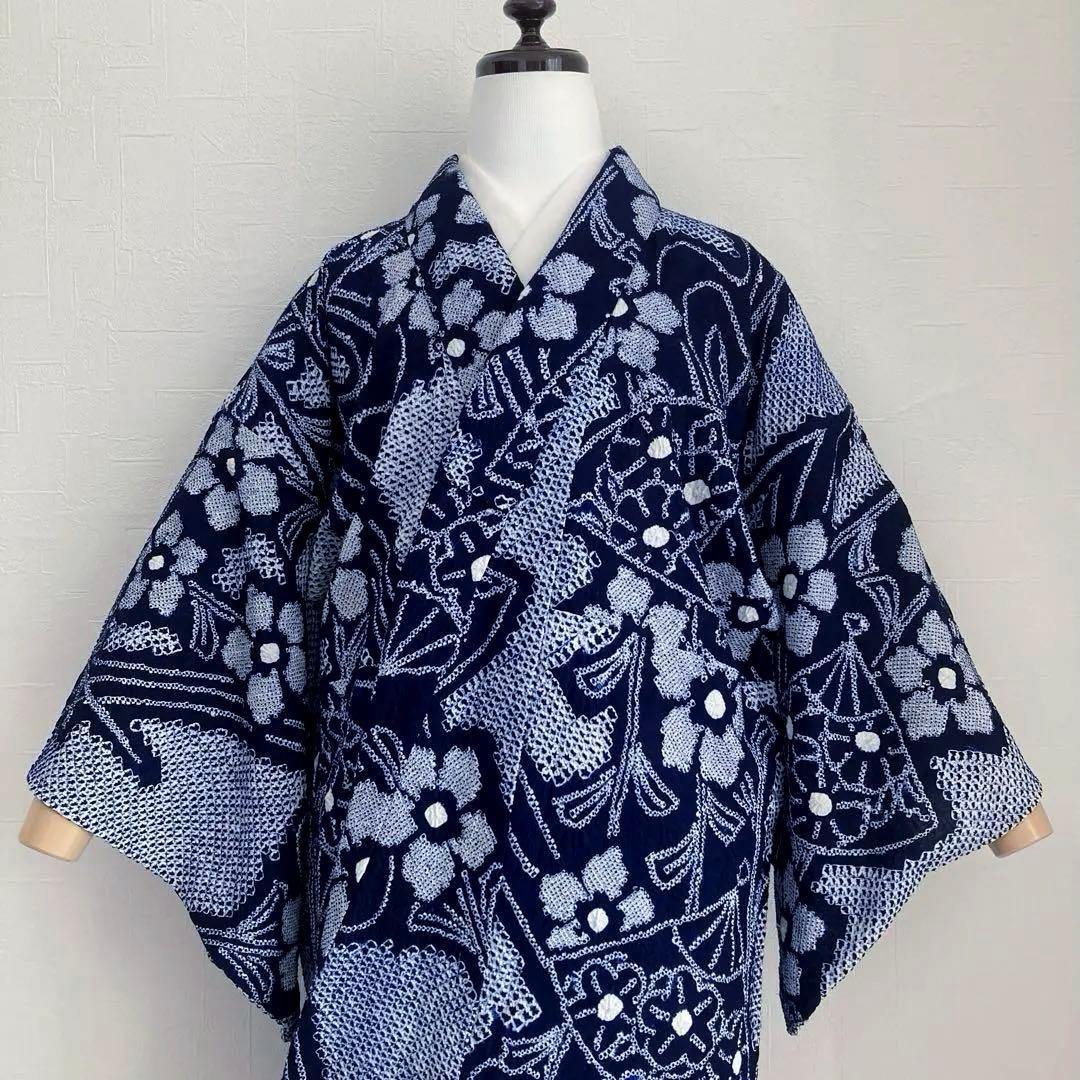 poko 有松絞り・有松鳴海絞り浴衣　手縫い　花繋ぎ　身丈154 No55