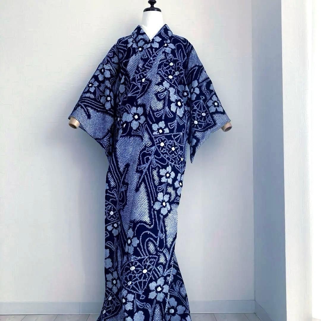 poko 有松絞り・有松鳴海絞り浴衣　手縫い　花繋ぎ　身丈154 No55