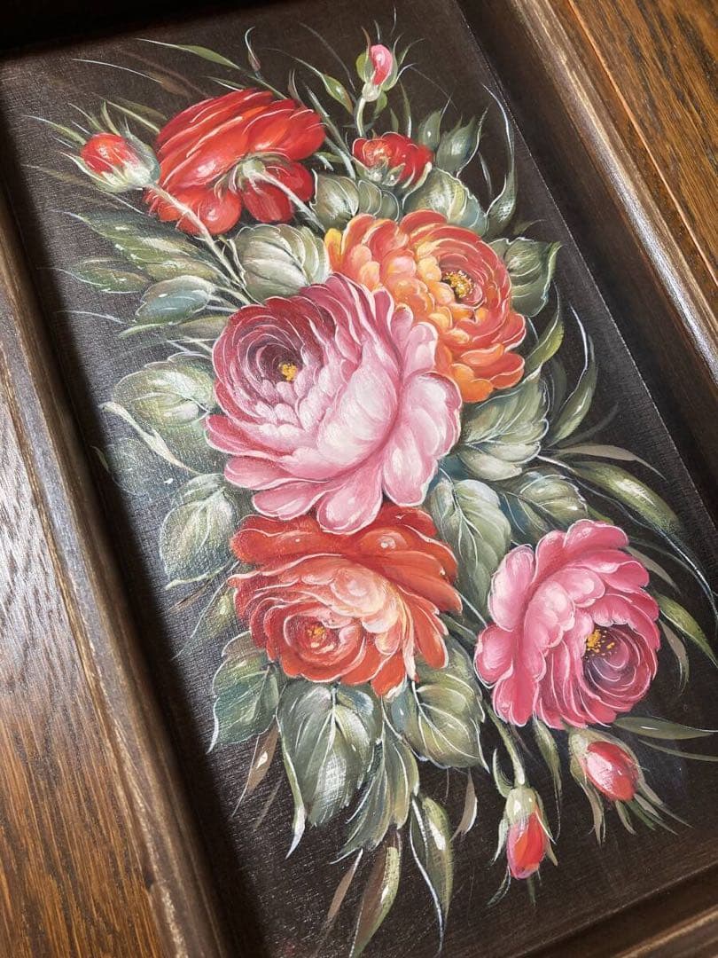 ロシア雑貨☆Rose木製トレイ薔薇 ジョストボ柄 マトリョーシカ ガリーナ作