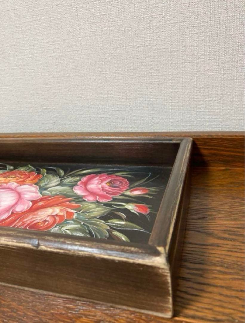 ロシア雑貨☆Rose木製トレイ薔薇 ジョストボ柄 マトリョーシカ ガリーナ作