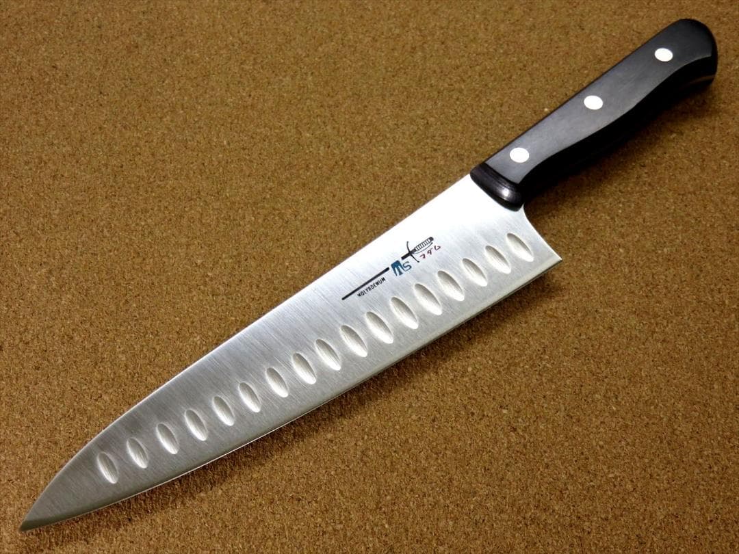 関の刃物 サーモン牛刀 200mm クロムモリブデン ディンプル 両刃万能包丁