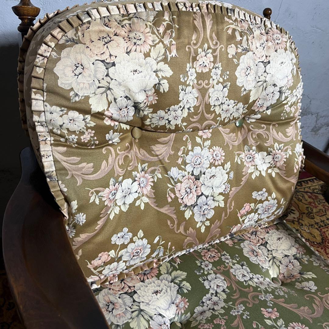 【キツツキ】ラウンジチェア 1人掛け 花柄クッション付き ヴィンテージ ソファ②