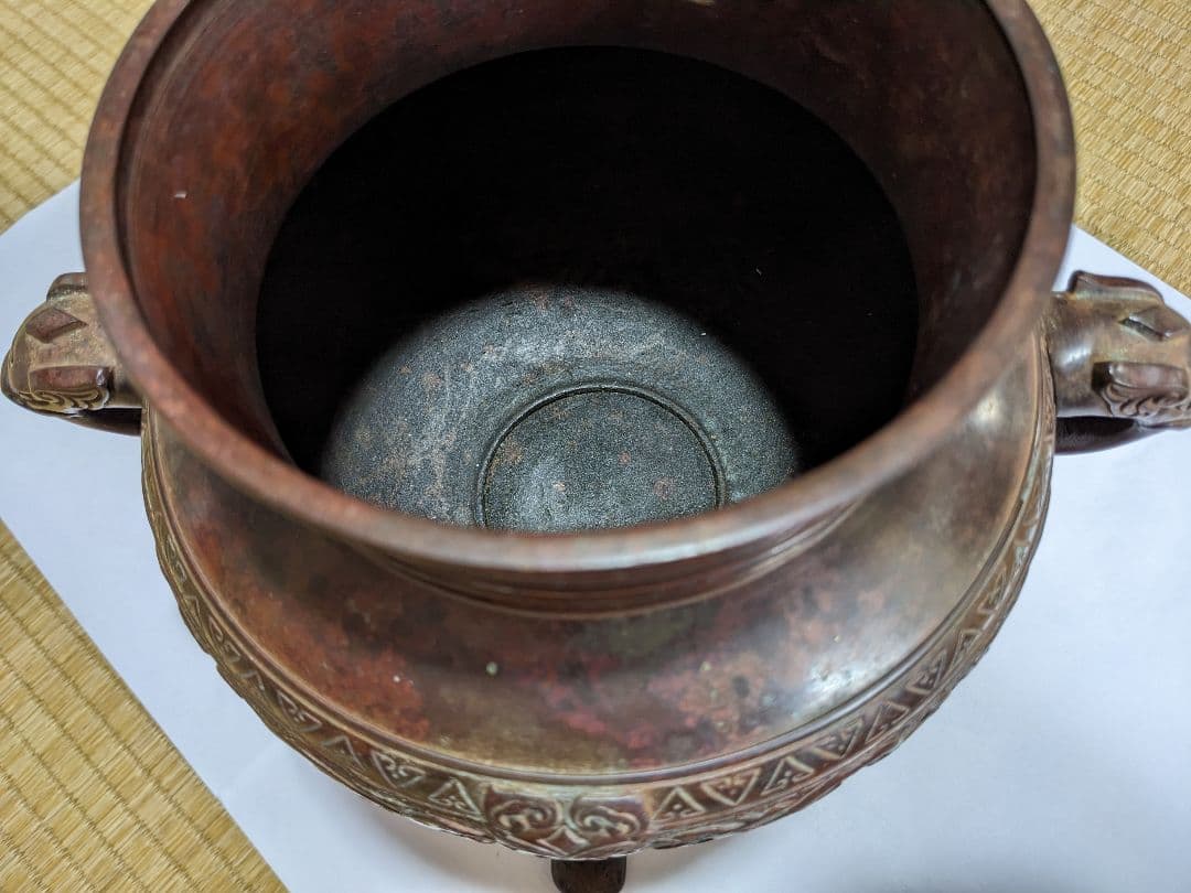 ♦銅器 神獣文 龍双耳 三足花器 初代 定塚義正 明治〜大正時代 花生 骨董品