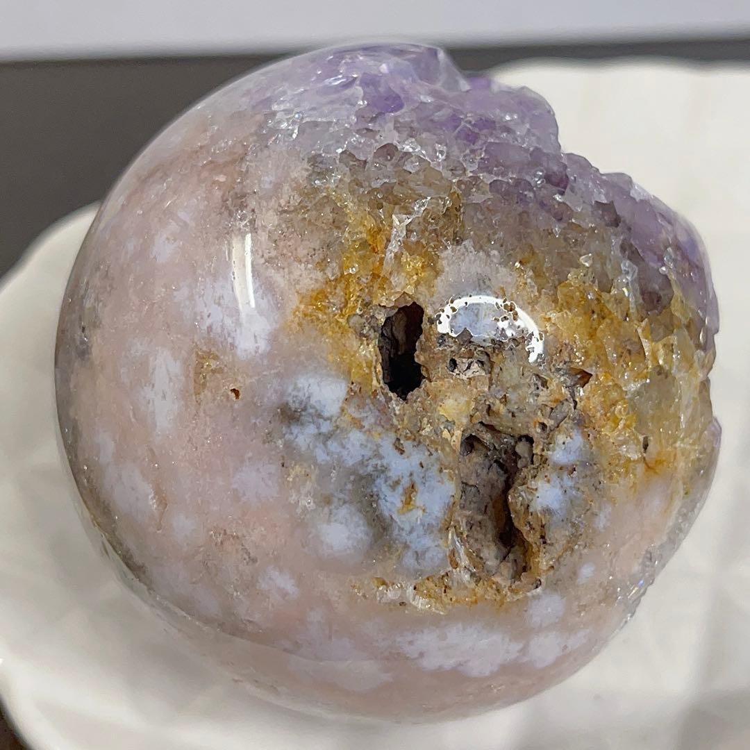 大! 天然石 ジオード アゲート ピンクアメジスト 共生 スフィア パープル
