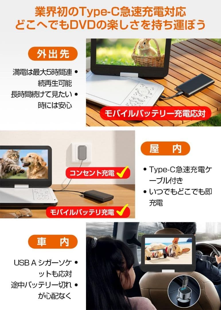 ポータブルDVDプレーヤー HD液晶 移動に便利 リージョンフリー