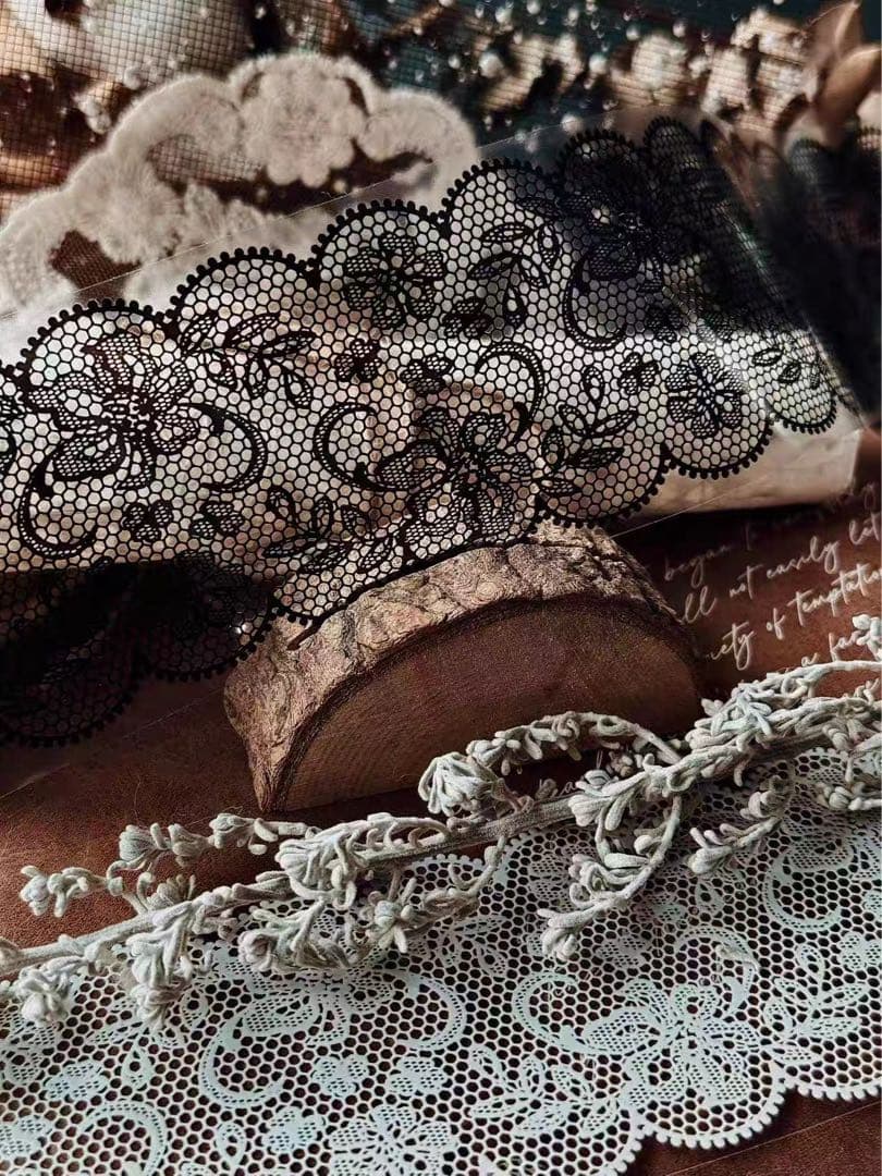 霖蓝汐原创手账《黑白蕾丝背景》海外マスキングテープ　マステ 【2648】