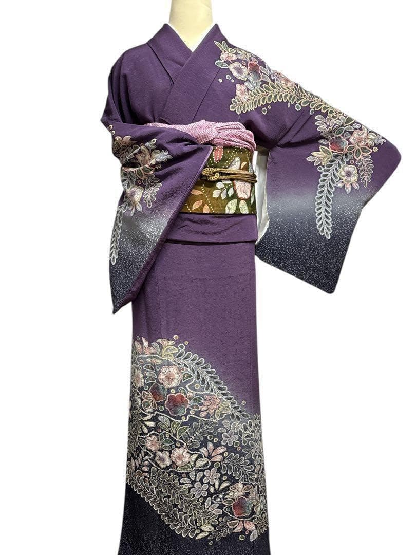 A49訪問着　辻ヶ花　作者物落款 辻がぼかし 紫 正絹 名品