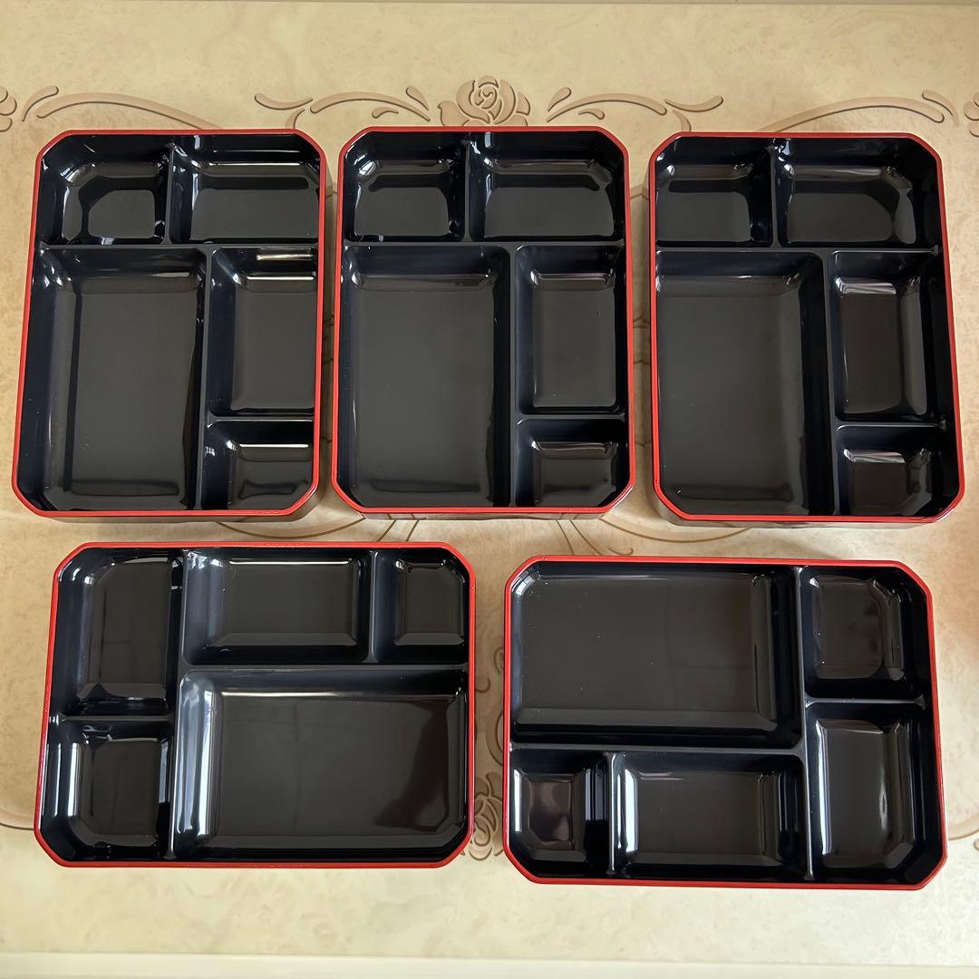 漆器　幕の内弁当箱　弁当箱　松花堂弁当　蓋付き仕切り付き皿　長角鉢　金彩