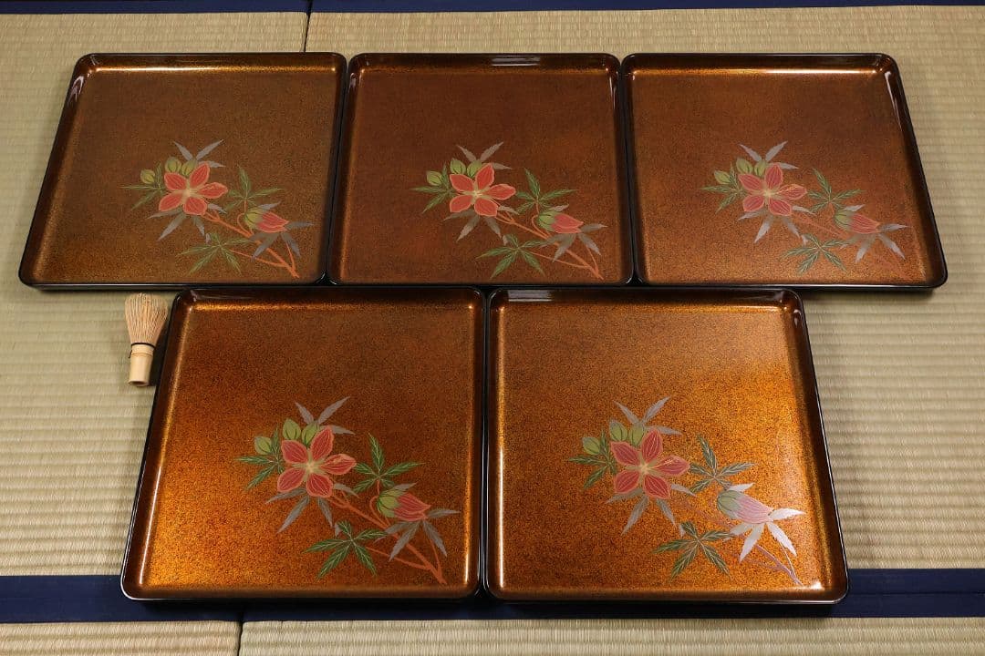 輪島塗 木製 花の蒔絵 梨地 四方膳 五客 芙蓉 木槿 卓上 茶懐石【CM187