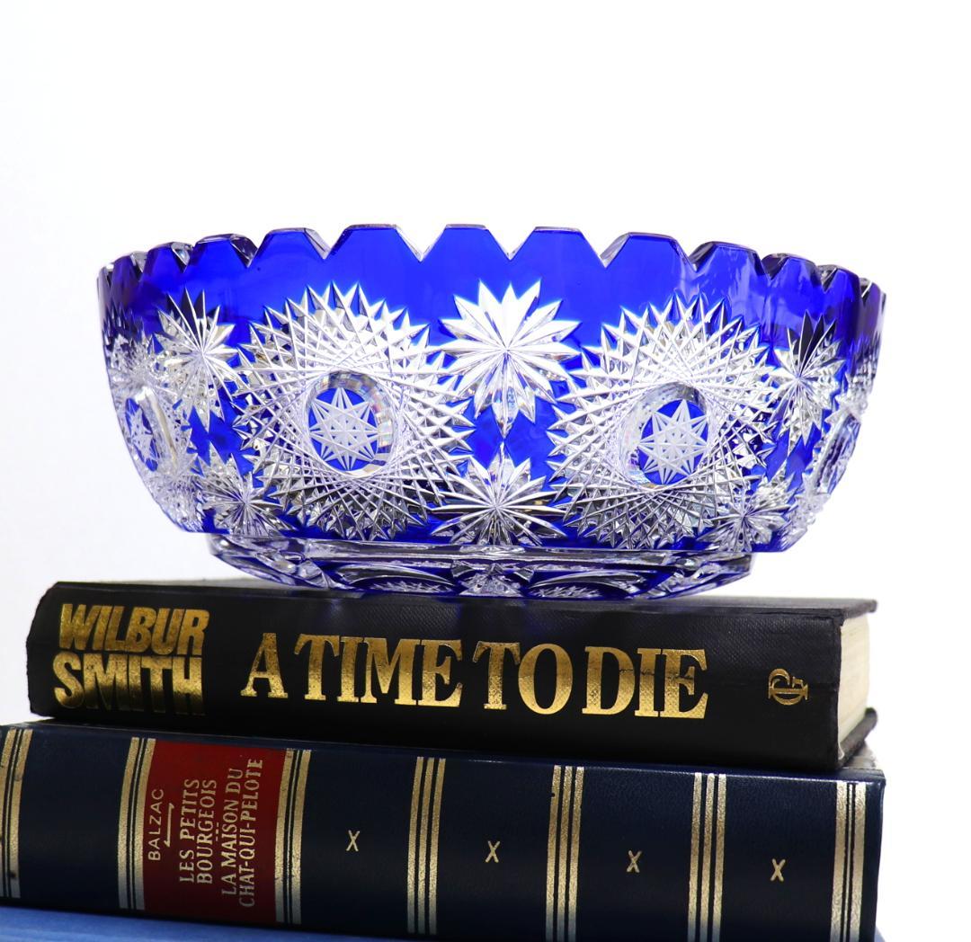 オールド・バカラ 1890年 大型 1.4kg 青色被せ 切子鉢 アートピース