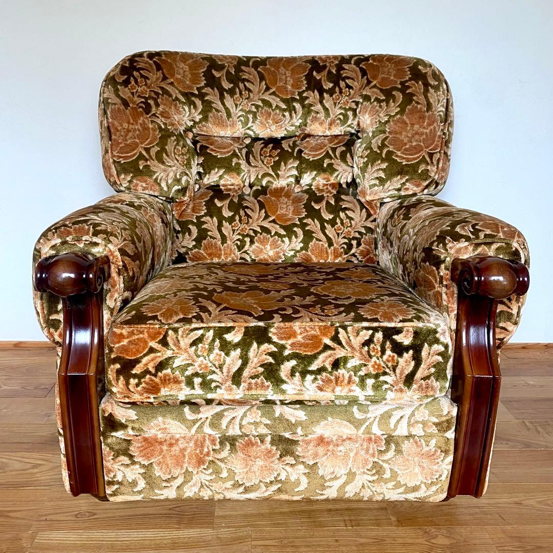 昭和レトロ オールド カリモク 金華山 1人掛け ソファー 花柄 ベロア ②