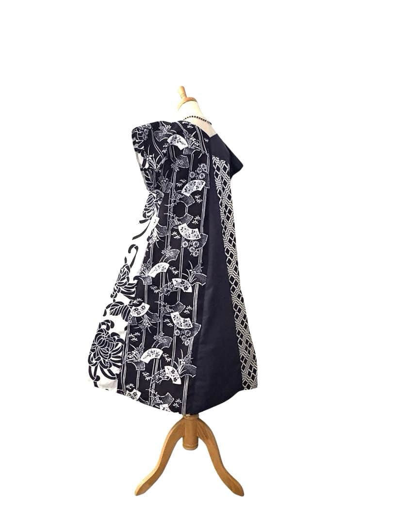 6Y39-⑤浴衣リメイク　ワンピース　ロング　ハンドメイド優雅Aライン　新品反物