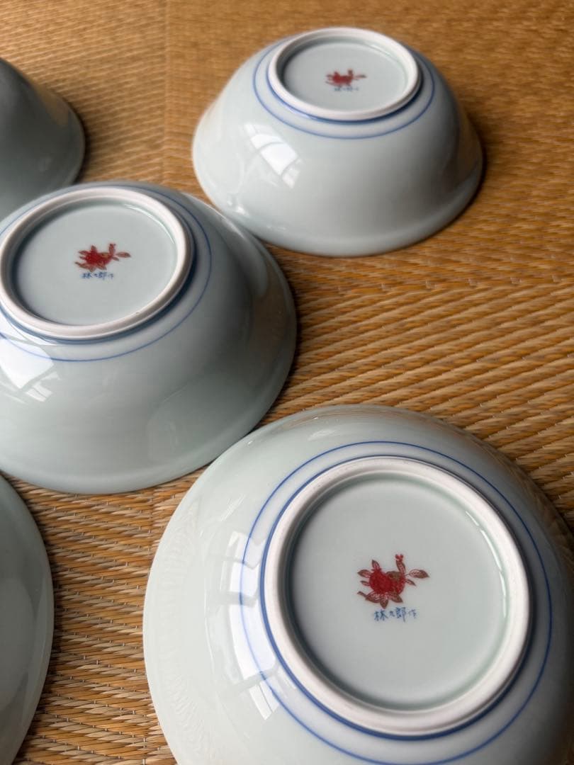 林九郎窯 有田焼 波佐見焼 赤絵 金彩 牡丹 松竹梅 5客