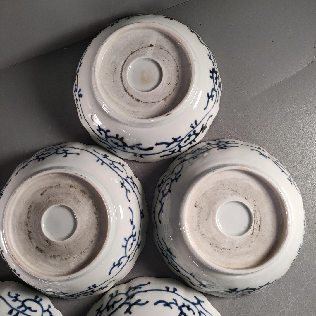 A1349-4/古伊万里染付雲鶴文輪花皿8客/銘々皿/飾鉢/盛鉢/懐石道具/