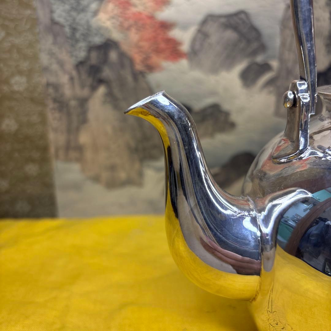 【中川净益】純銀花草彫 湯沸 銀瓶 煎茶道具