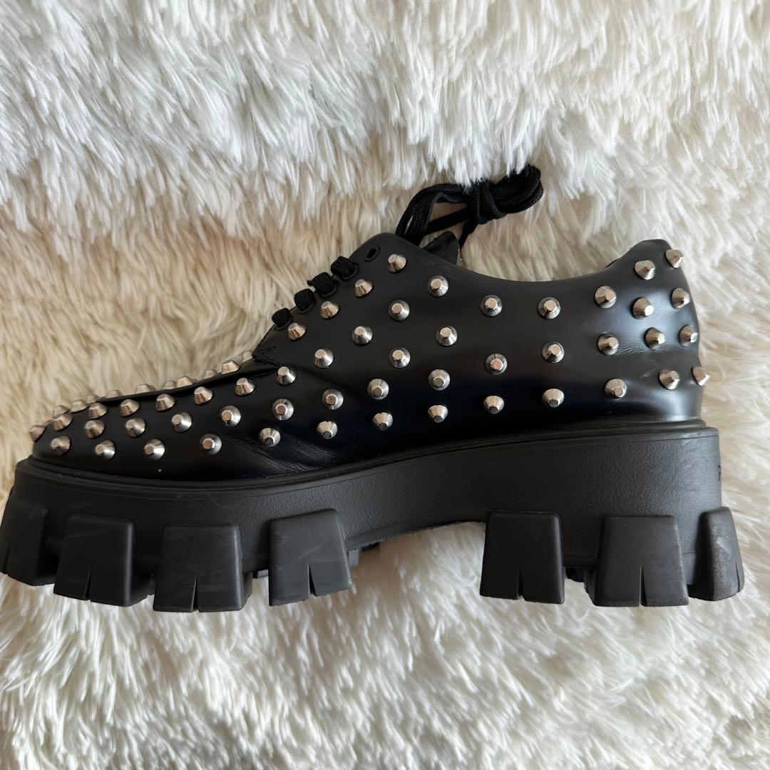 【美品】PRADA プラダ モノリス スタッズローファー 厚底 ブラック