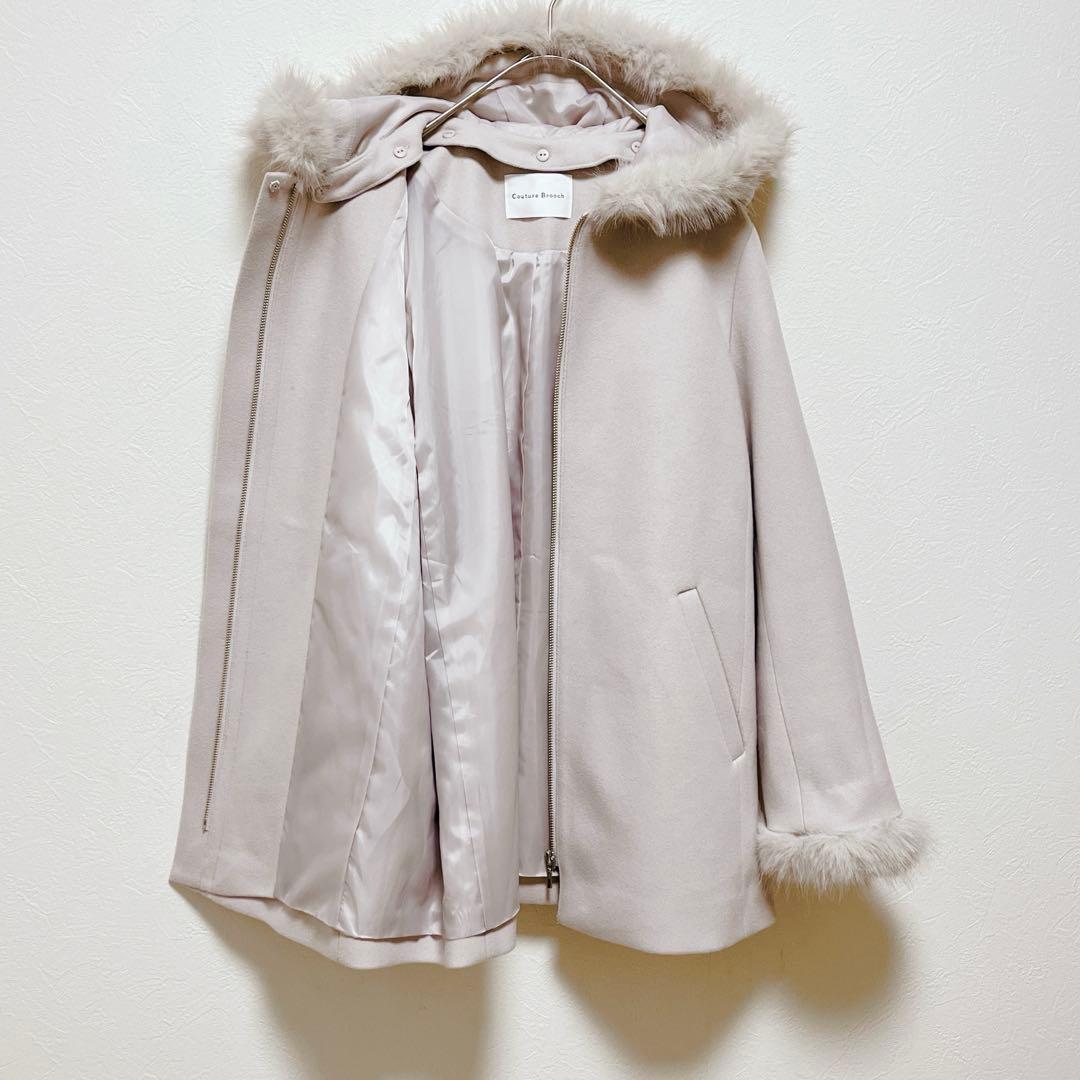 【クチュールブローチ】フードフェイクファー ハーフ丈コート/未使用品/25AW