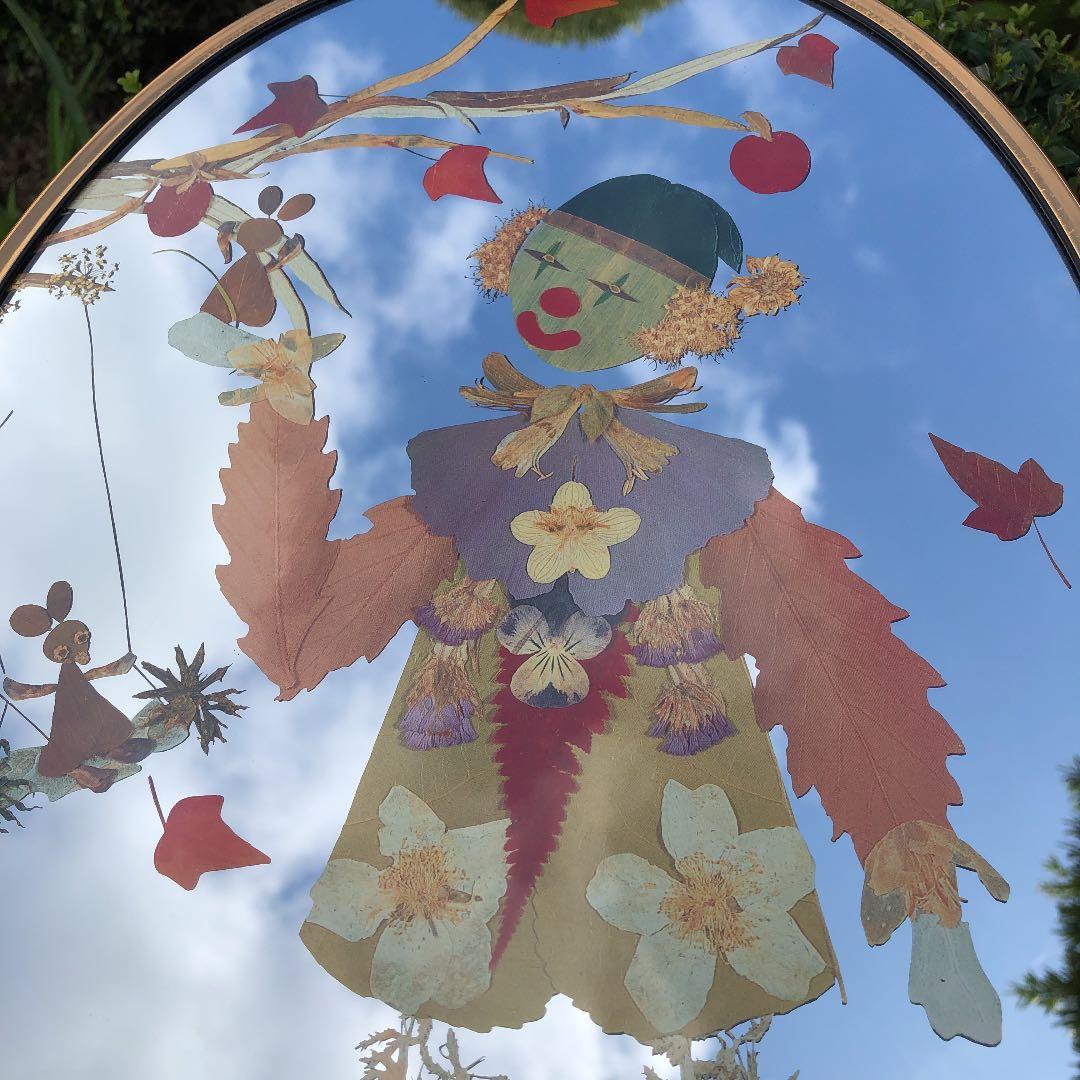 ミラー、壁掛け、ピエロ、押花葉っぱ鏡