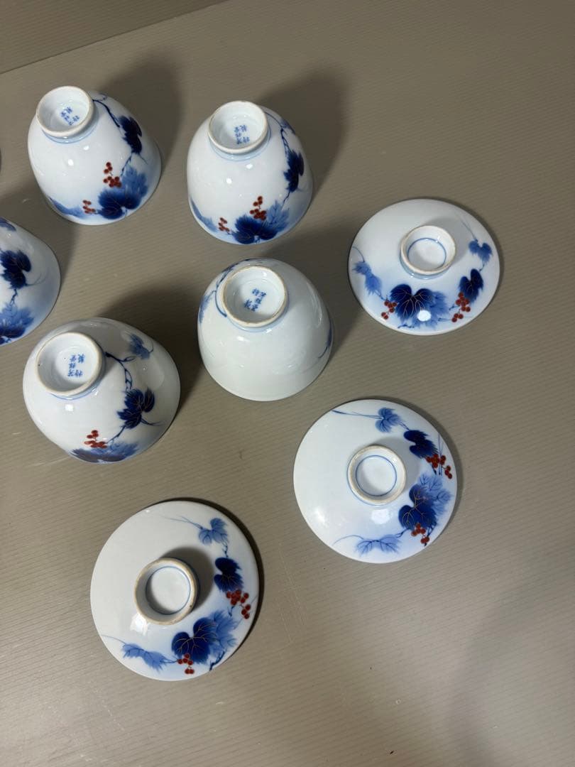 2210 有田焼 芳祥堂特製　葡萄瑠璃　湯呑蓋付　5客