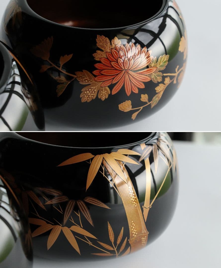 M937 輪島塗 柿木章作 四君子鷺烏蒔絵 碁器一対 木製 黒塗 内梨地 共箱