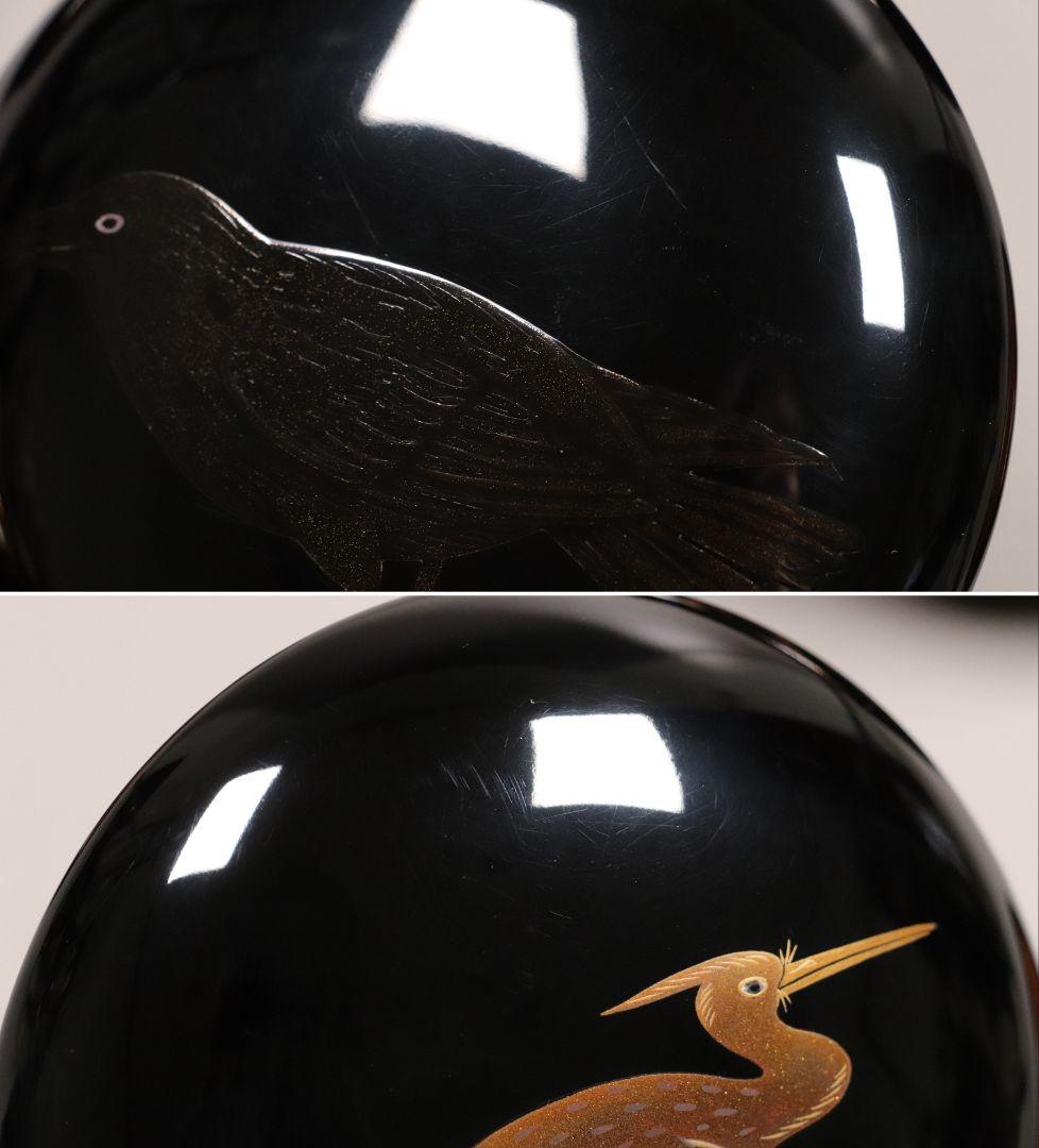 M937 輪島塗 柿木章作 四君子鷺烏蒔絵 碁器一対 木製 黒塗 内梨地 共箱