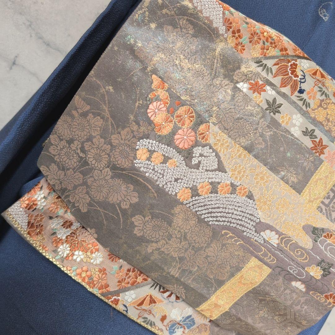 訪問着　フルセット　着物　正絹　青紺　縮緬　刺繍　比翼仕立て　祝い事　E2