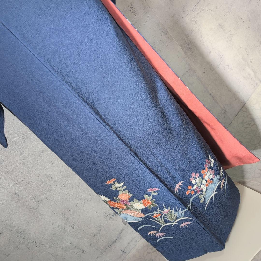 訪問着　フルセット　着物　正絹　青紺　縮緬　刺繍　比翼仕立て　祝い事　E2