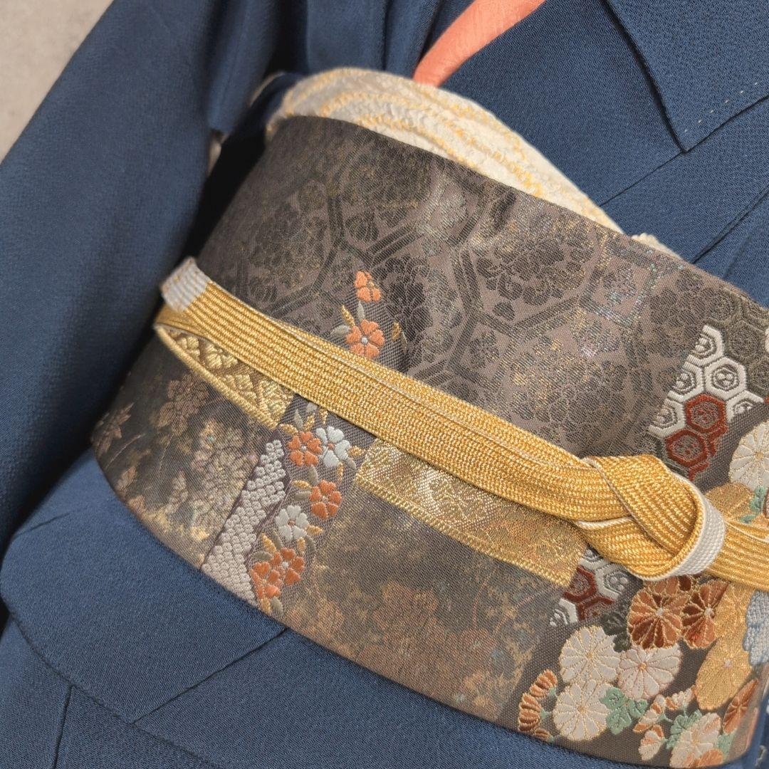 訪問着　フルセット　着物　正絹　青紺　縮緬　刺繍　比翼仕立て　祝い事　E2