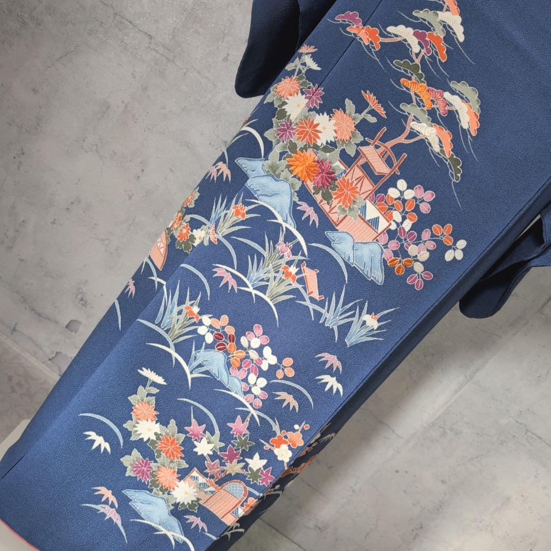 訪問着　フルセット　着物　正絹　青紺　縮緬　刺繍　比翼仕立て　祝い事　E2