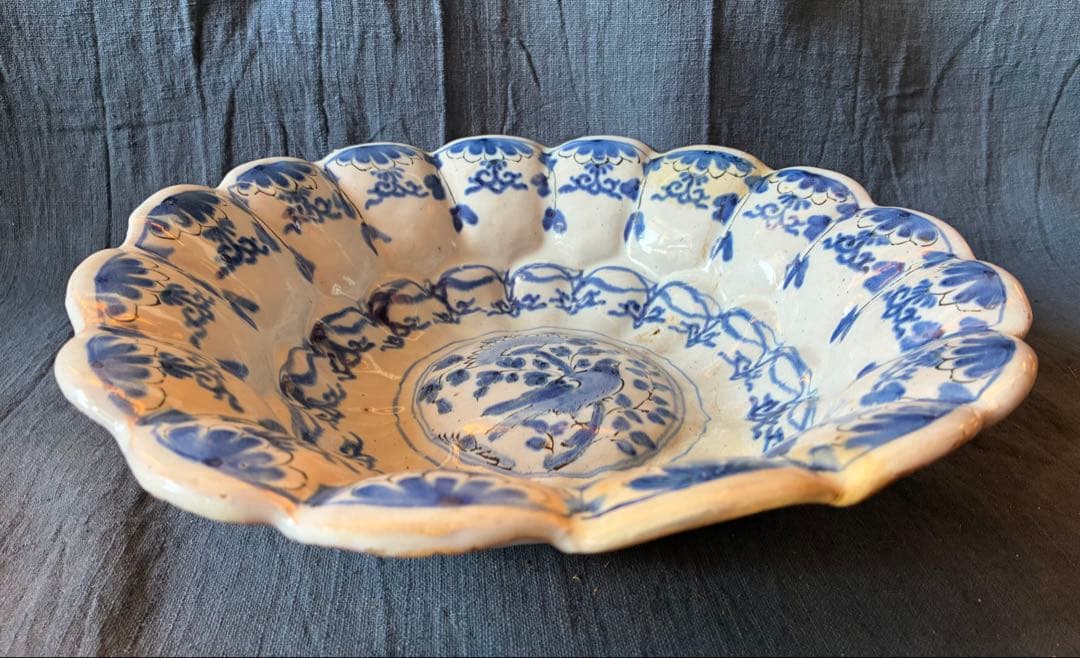 染付け花鳥文輪花大鉢　デルフト陶器　17世紀　オランダ　江戸時代初期