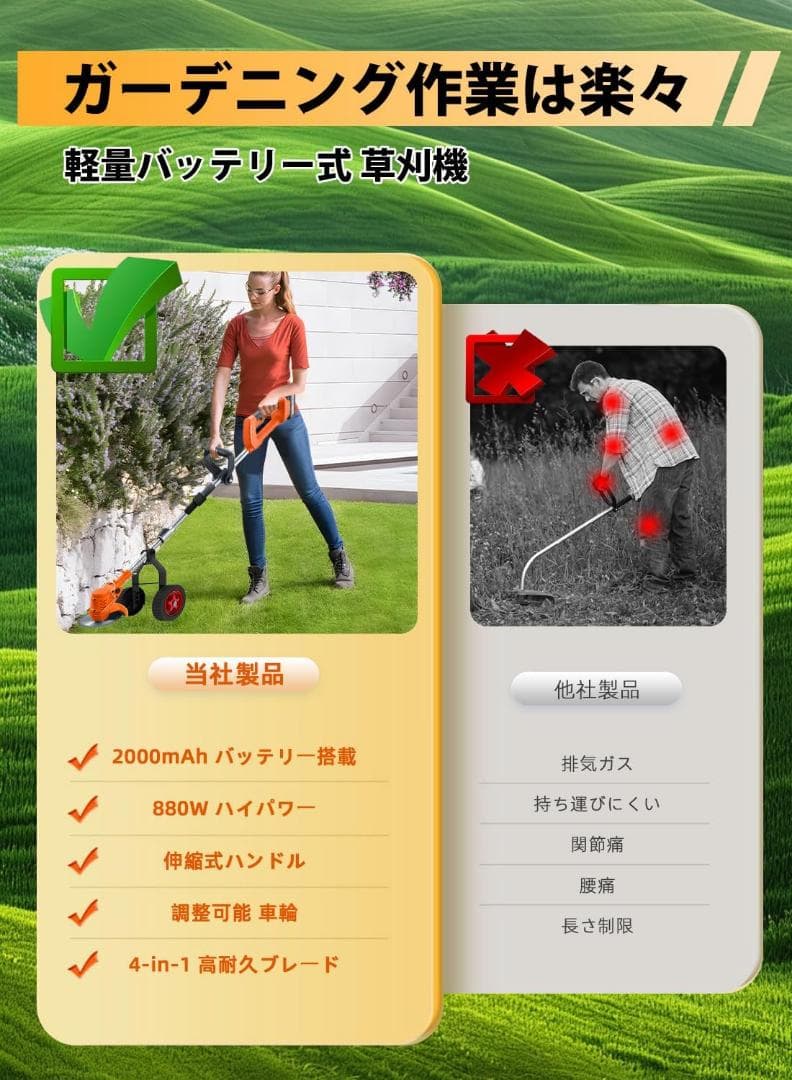 折りたたみ　充電式草刈り機 草刈り機 芝刈り機 コードレス 21V