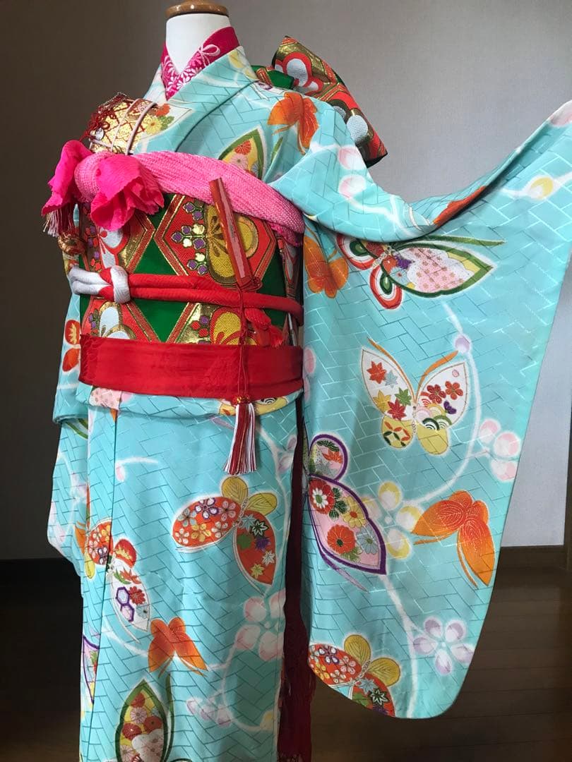 七五三7歳着物セット　アンティーク　正絹　水色　蝶々❤️