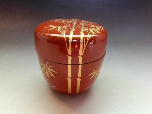 棗■古い蒔絵竹図朱塗り茶入れ 金彩 漆塗り 中棗 時代箱 お茶道具 時代物骨董■