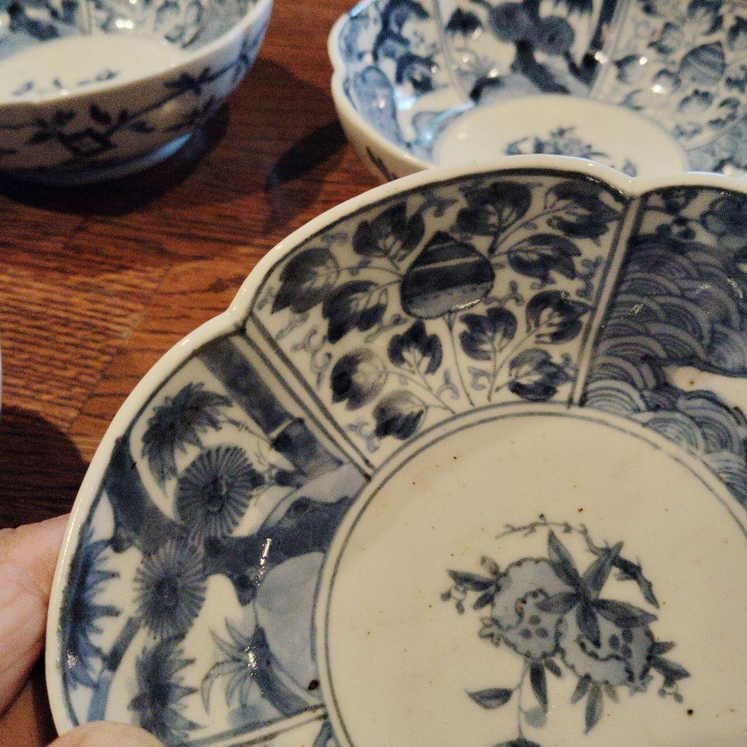 古伊万里なます皿、渦福柿右衛門手。青白磁 花柄 6客