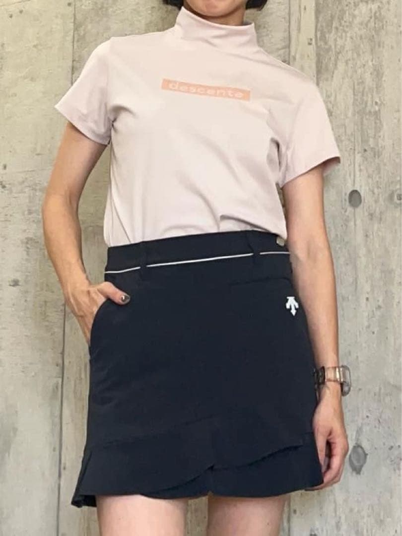 ◽️DESCENTE GOLF モックネック半袖シャツ ピンクベージュ　S